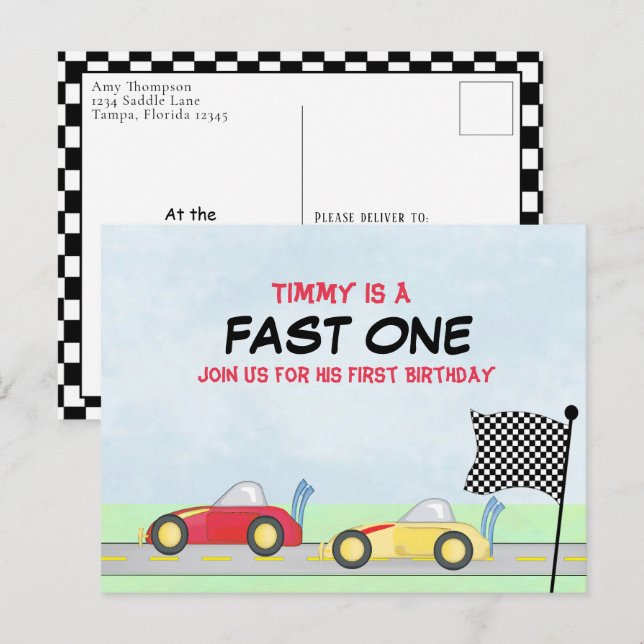 First Birthday Boys Race Car Track Modern Fun Postcard (Front/Back)