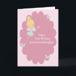 First Birthday Card for Great Granddaughter<br><div class="desc">The little fairy on this sweet card is hoping to make all your Great Granddaughters wishes come true on her first birthday.  The design is a little fairy on a pink scalloped background with pretty little butterflies here and there.</div>