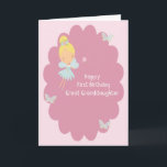 First Birthday Card for Great Granddaughter<br><div class="desc">The little fairy on this sweet card is hoping to make all your Great Granddaughters wishes come true on her first birthday.  The design is a little fairy on a pink scalloped background with pretty little butterflies here and there.</div>