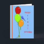 First Birthday Card for Great Grandson Balloons<br><div class="desc">First birthday card for Great Grandson.  The card has a light blue background,  three colored balloons and a little Blue Bird standing on one of the balloons.</div>