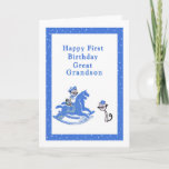 First Birthday Card Great Grandson<br><div class="desc">First birthday card for your Great Grandson This card has two cute drawn cats and an old retro hobby horse. The colours are blue and white.  Thanks to Bsilvia and Fidget Resources for some of the elements in the design.</div>