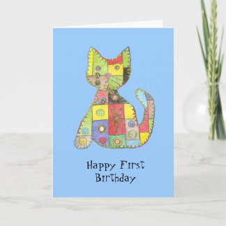 First Birthday Card with patchwork cat