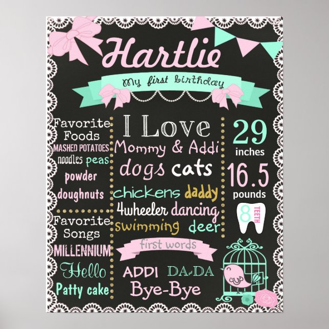 First Birthday chalkboard sign mint pink bow pearl (Front)