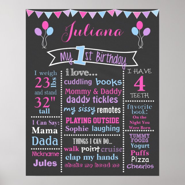 First Birthday Chalkboard Sign, Pink, Purple, Blue Poster (Front)