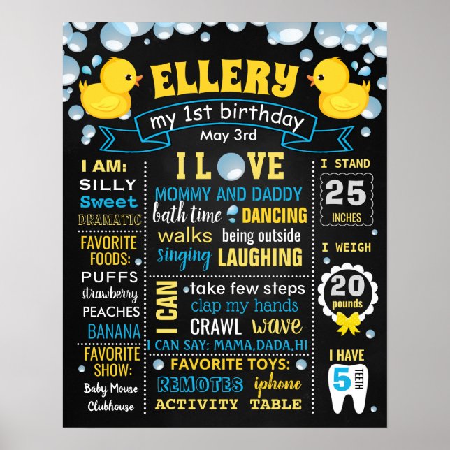 First Birthday chalkboard sign Rubber Duck (Front)