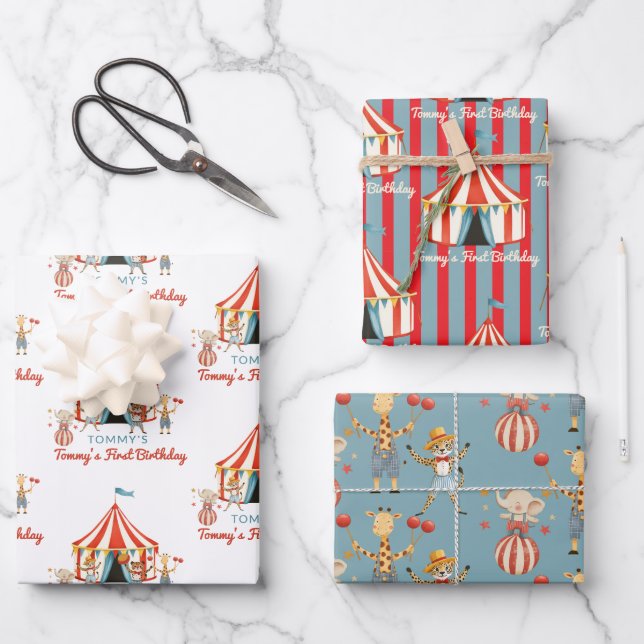 First Birthday Circus Animals Red Blue Wrapping Paper Sheet (Front)
