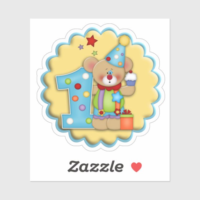 First Birthday Clown Bear Die Cut Sticker Decal (Sheet)