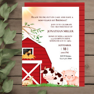 First Birthday Cow Pig Farm Birthday Party Invitation