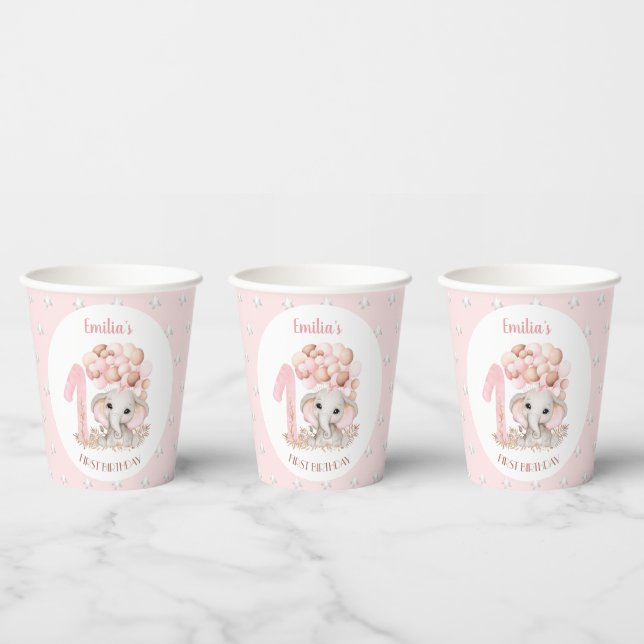 First Birthday Cups with Cute Elephant Pink (Multi)