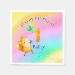 First Birthday Custom Name Rainbow Balloons Napkin