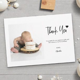 First Birthday Custom Photo Modern handlettering  Thank You Card