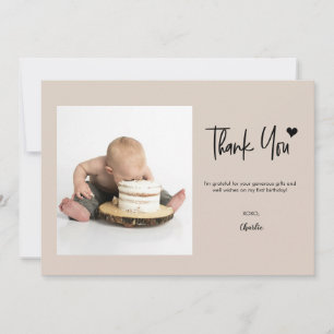 First Birthday Custom Photo Modern Neutral Thank You Card