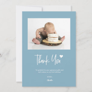 First Birthday Custom Photo Modern Script blue Thank You Card