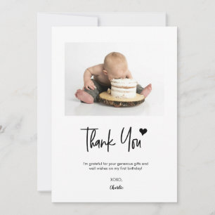First Birthday Custom Photo Modern script vertical Thank You Card