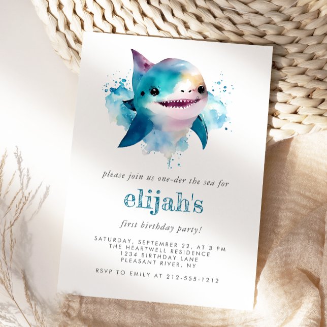 First Birthday Cute Blue Watercolor Shark Invitation (Creator Uploaded)