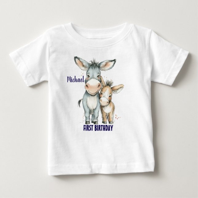 First Birthday Cute Donkeys Personalise Baby T-Shirt (Front)