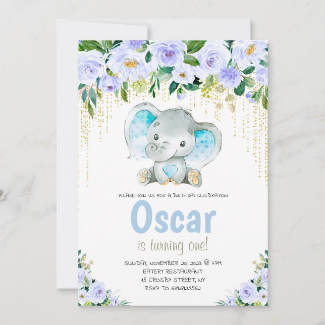 First Birthday Cute Elephant Boy Invitation (Front)