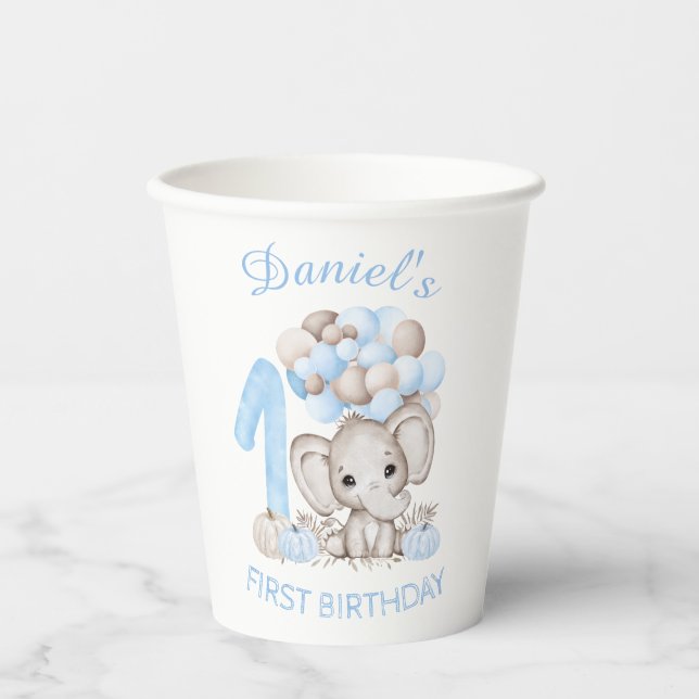 First Birthday Cute Elephant Fall Boy Paper Cups (Front)