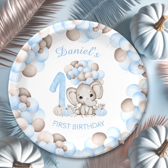 First Birthday Cute Elephant Fall Boy Paper Plates (Boy Fall First Birthday Cute Elephant Paper Plates)