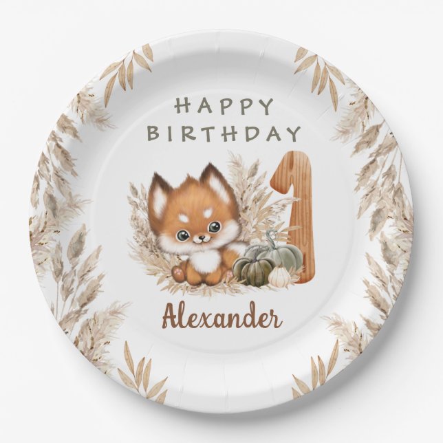 First Birthday Cute Fox Fall Boy Paper Plates (Front)
