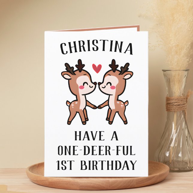 First Birthday Cute Funny Deer Wonderful One Year Thank You Card (cute deer first birthday card)