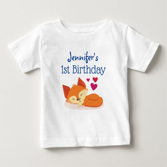 First Birthday Cute Orange Fox with Hearts Baby T-Shirt (Front)