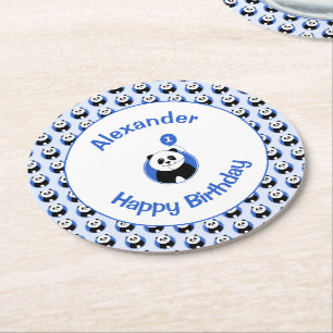 First birthday cute panda blue balloon add name round paper coaster