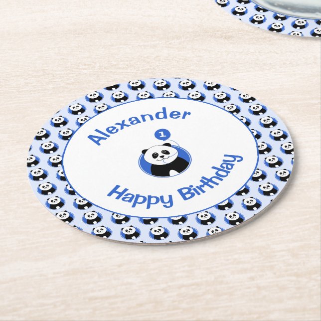 First birthday cute panda blue balloon add name round paper coaster (Angled)