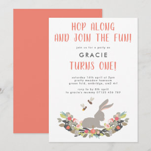 First Birthday Cute Spring Rabbit Birthday Party Invitation