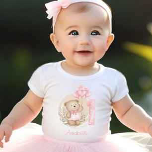 First Birthday Cute Teddy Bear & Heart Balloons Baby T-Shirt