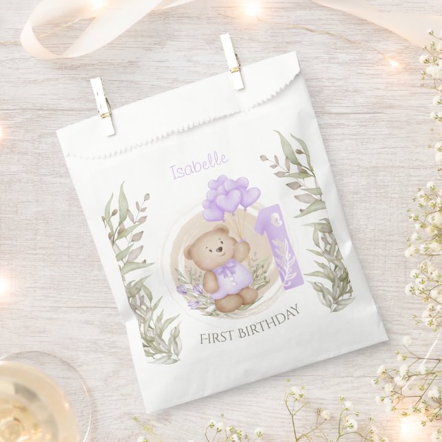 First Birthday Cute Teddy Bear Heart Balloons Favour Bag (Clipped)