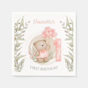 First Birthday Cute Teddy Bear Heart Balloons Napk Napkin