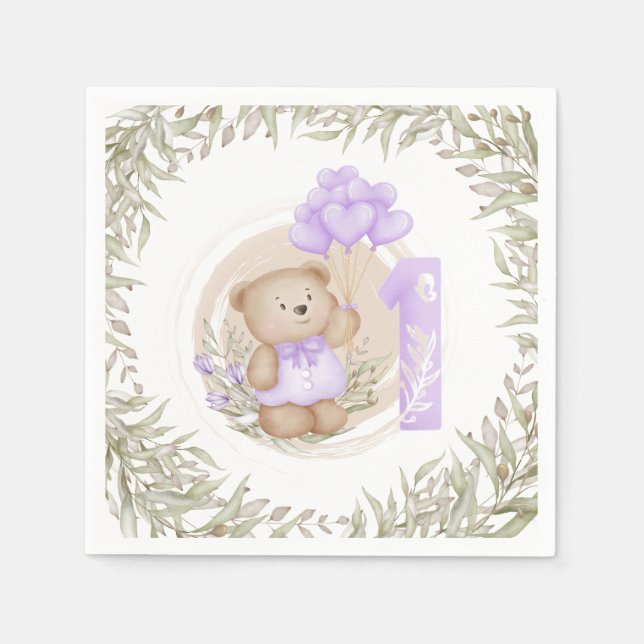 First Birthday Cute Teddy Bear Heart Balloons Napkin (Front)