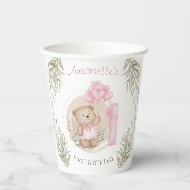 First Birthday Cute Teddy Bear Heart Balloons Paper Cups (Front)