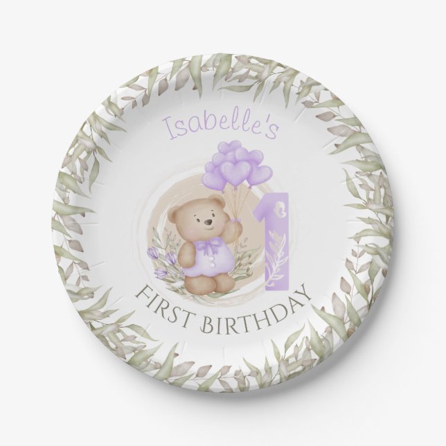 First Birthday Cute Teddy Bear Heart Balloons Paper Plate (Front)