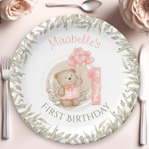 First Birthday Cute Teddy Bear Heart Balloons Paper Plate