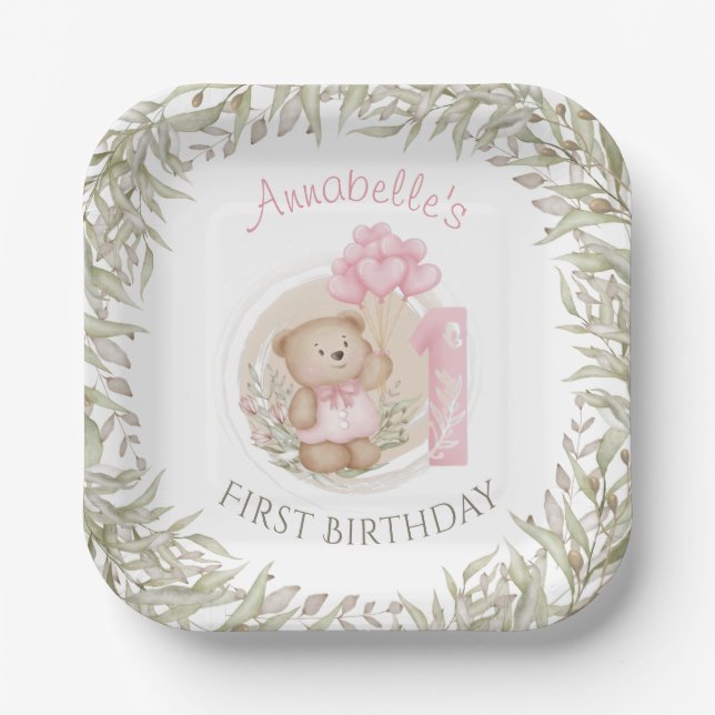 First Birthday Cute Teddy Bear Heart Balloons Paper Plate (Front)