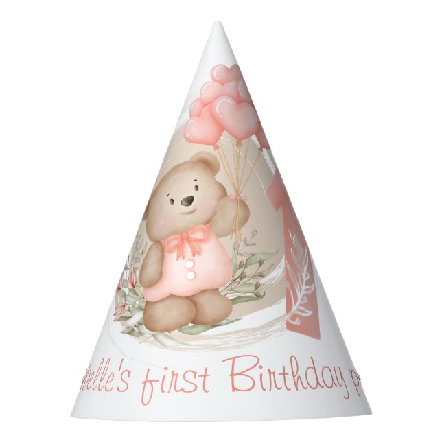 First Birthday Cute Teddy Bear Heart Balloons Party Hat (Front)