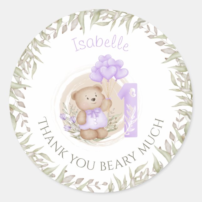First Birthday Cute Teddy Bear Thank You Classic Round Sticker (Front)
