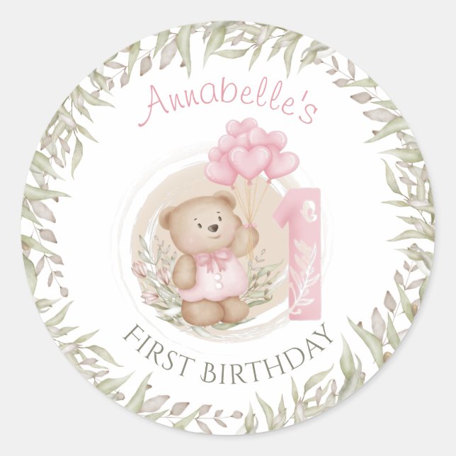 First Birthday Cute Teddy Bear with Balloons  Classic Round Sticker (Front)