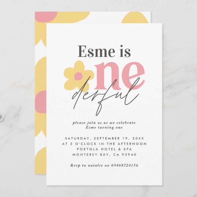 First birthday daisy boho retro pink yellow girly invitation (Front/Back)