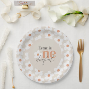 First birthday daisy boho retro terracotta natural paper plate