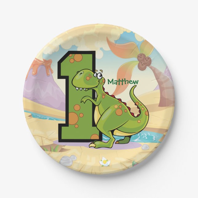 First Birthday Dinosaur Custom Party Paper Plate (Front)