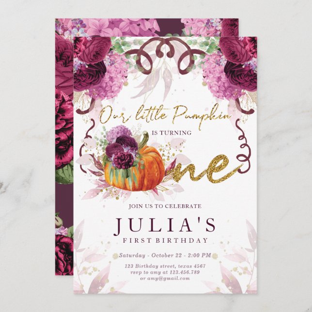 First Birthday Elegant Autumn Burgundy Invitation (Front/Back)