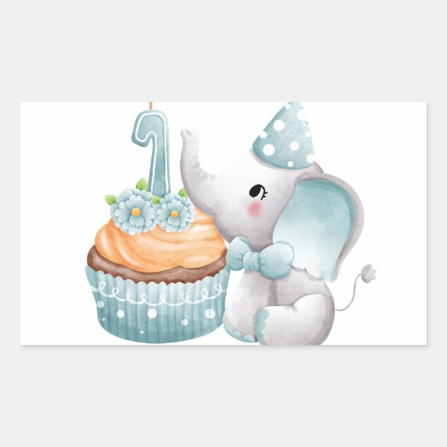 First Birthday Elephant Baby Boy Sticker Blue (Front)