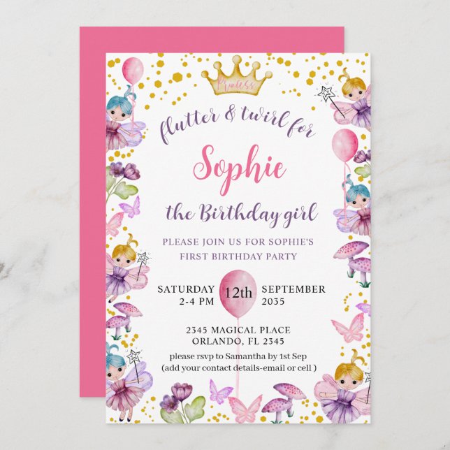 First Birthday Fairy Princess Pink & Gold Invitation (Front/Back)