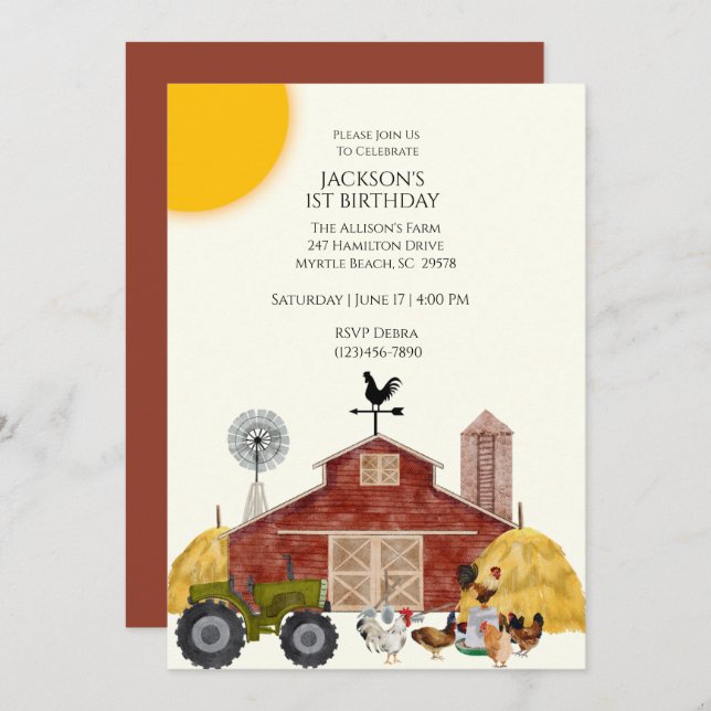 First Birthday Farm Barn Animals Invitations (Front/Back)