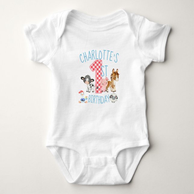 First Birthday Farm Barnyard Animal Baby Bodysuit (Front)