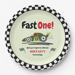 First Birthday Fast One Green Vintage Race Car Paper Plate