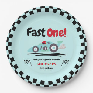 First Birthday Fast One Vintage Blue Race Car Paper Plate